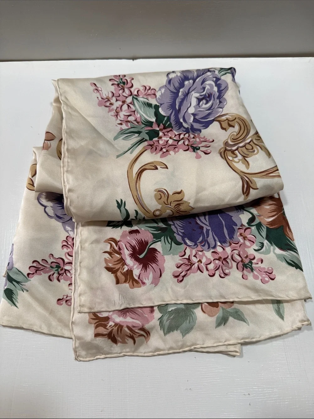 Floral Cream Silk Scarf with Purple & Pink Brown Blooms Roses 🌹vintage